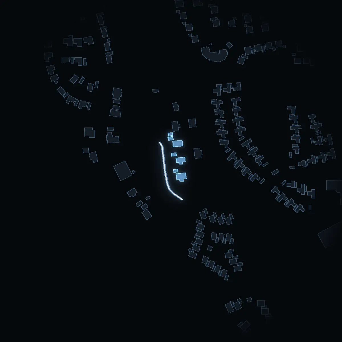 The street at night: Eldvägen drawn in white, its buildings lit in the colour of their area’s income