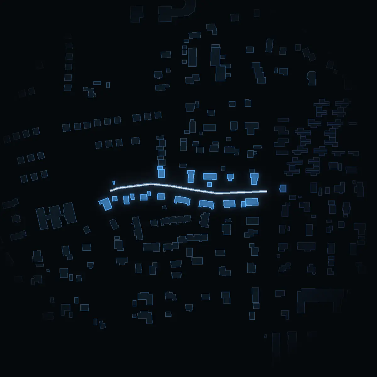 The street at night: Fabriksvägen drawn in white, its buildings lit in the colour of their area’s income