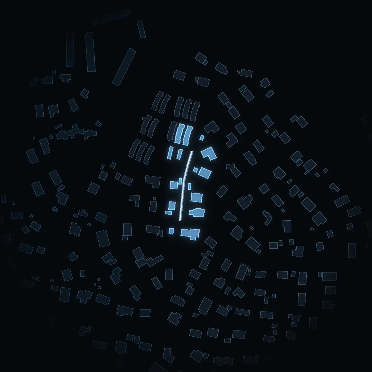 The street at night: Flisbacken drawn in white, its buildings lit in the colour of their area’s income
