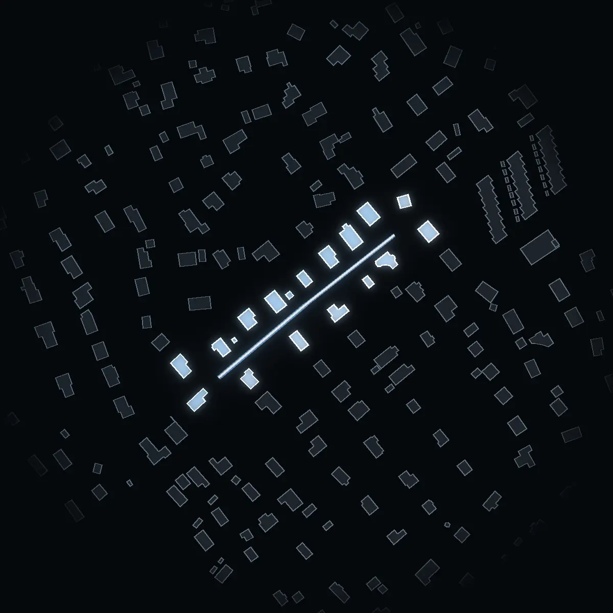 The street at night: Föreningsvägen drawn in white, its buildings lit in the colour of their area’s income