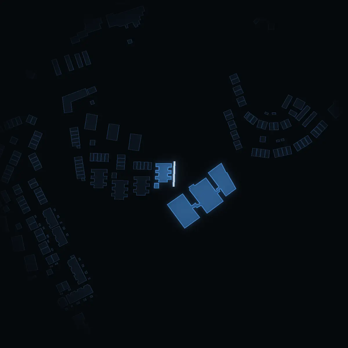 The street at night: Giljaregränd drawn in white, its buildings lit in the colour of their area’s income