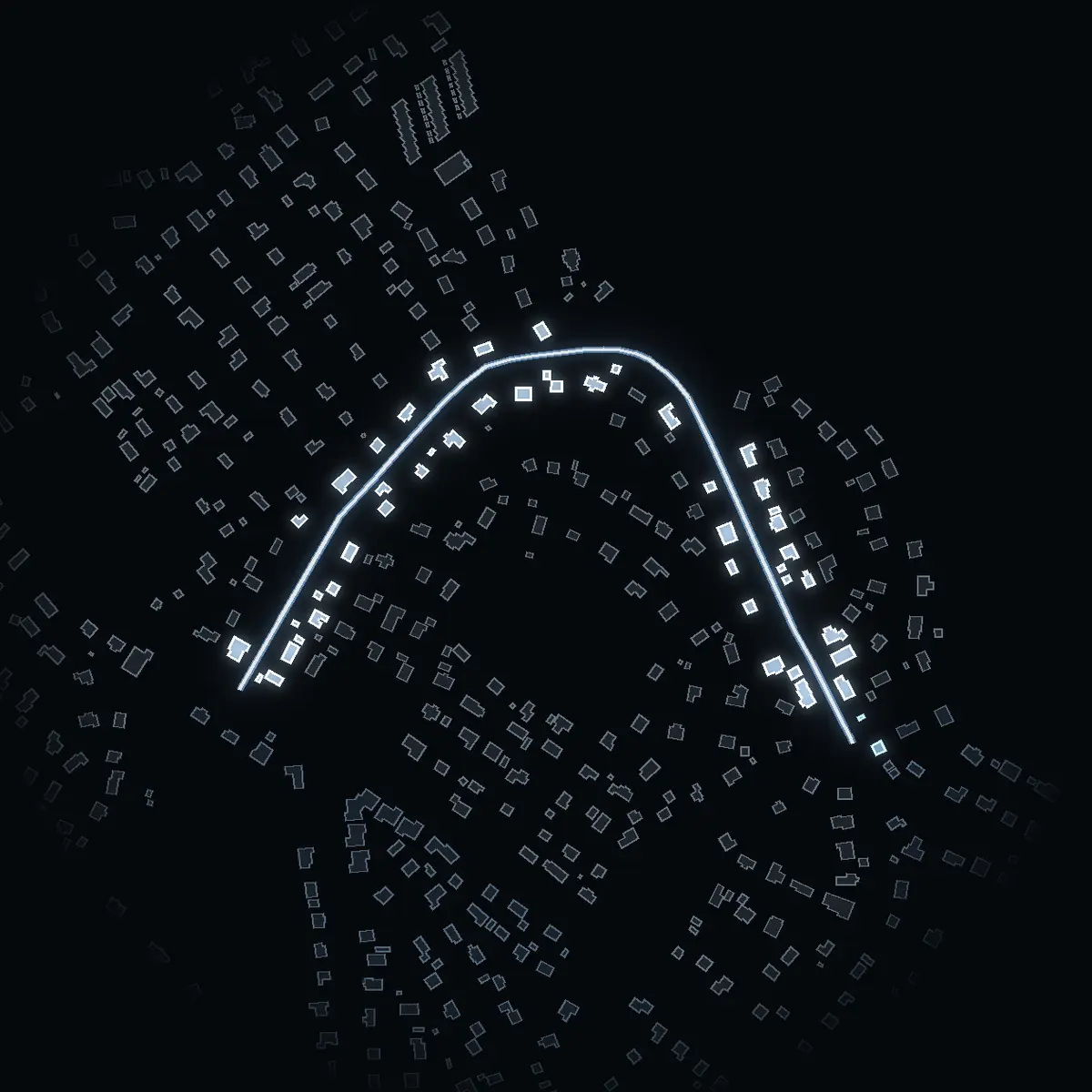 The street at night: Gösta Tamms väg drawn in white, its buildings lit in the colour of their area’s income