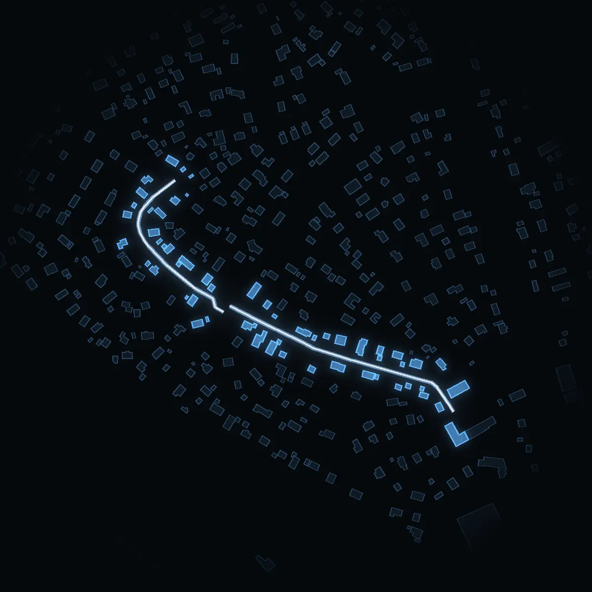 The street at night: Granvägen drawn in white, its buildings lit in the colour of their area’s income