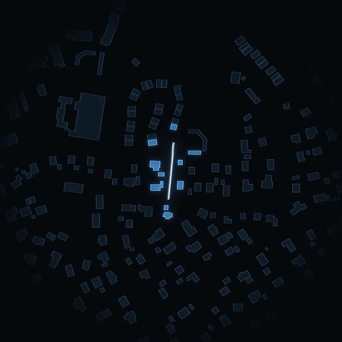 The street at night: Grindgårdsvägen drawn in white, its buildings lit in the colour of their area’s income