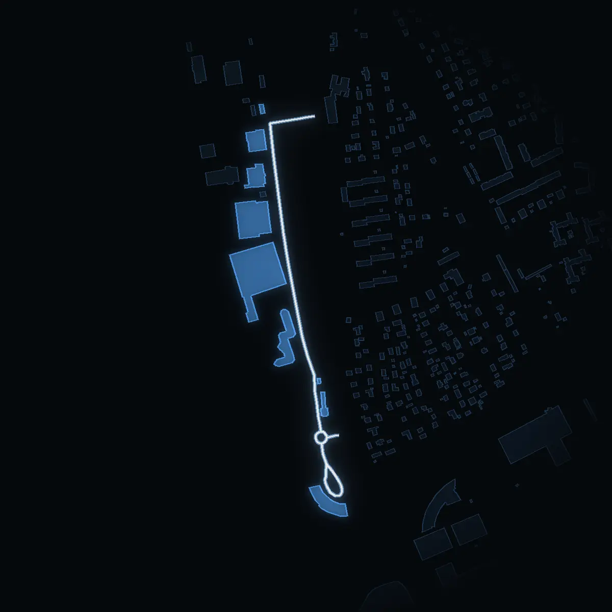 The street at night: Hammarbacken drawn in white, its buildings lit in the colour of their area’s income