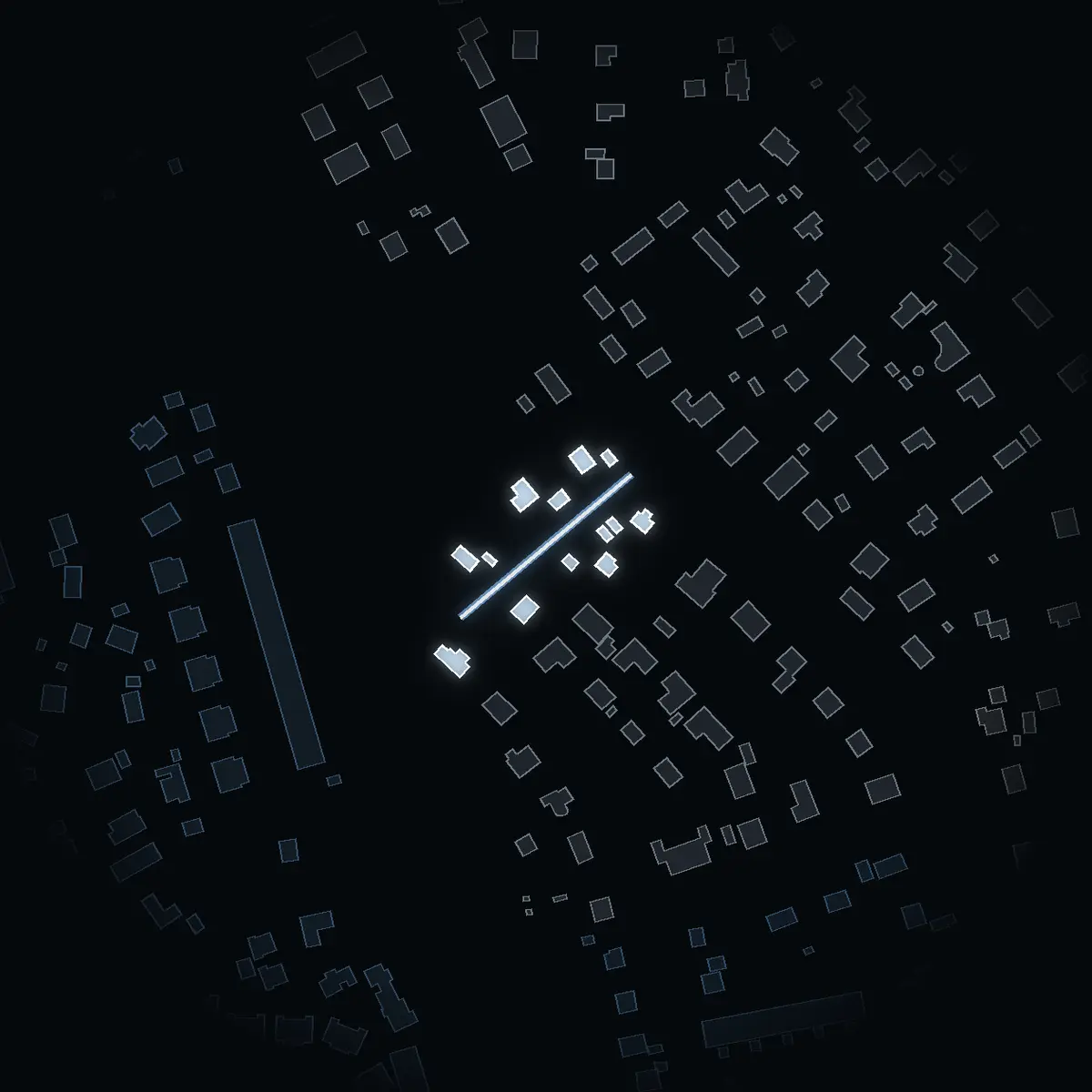 The street at night: Hersbyvägen drawn in white, its buildings lit in the colour of their area’s income