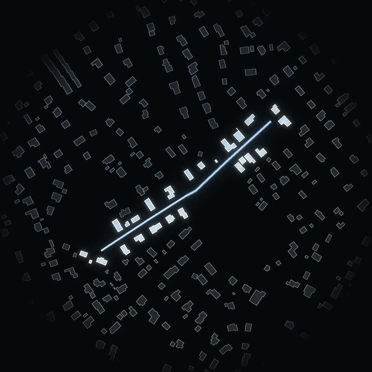 The street at night: Idunvägen drawn in white, its buildings lit in the colour of their area’s income