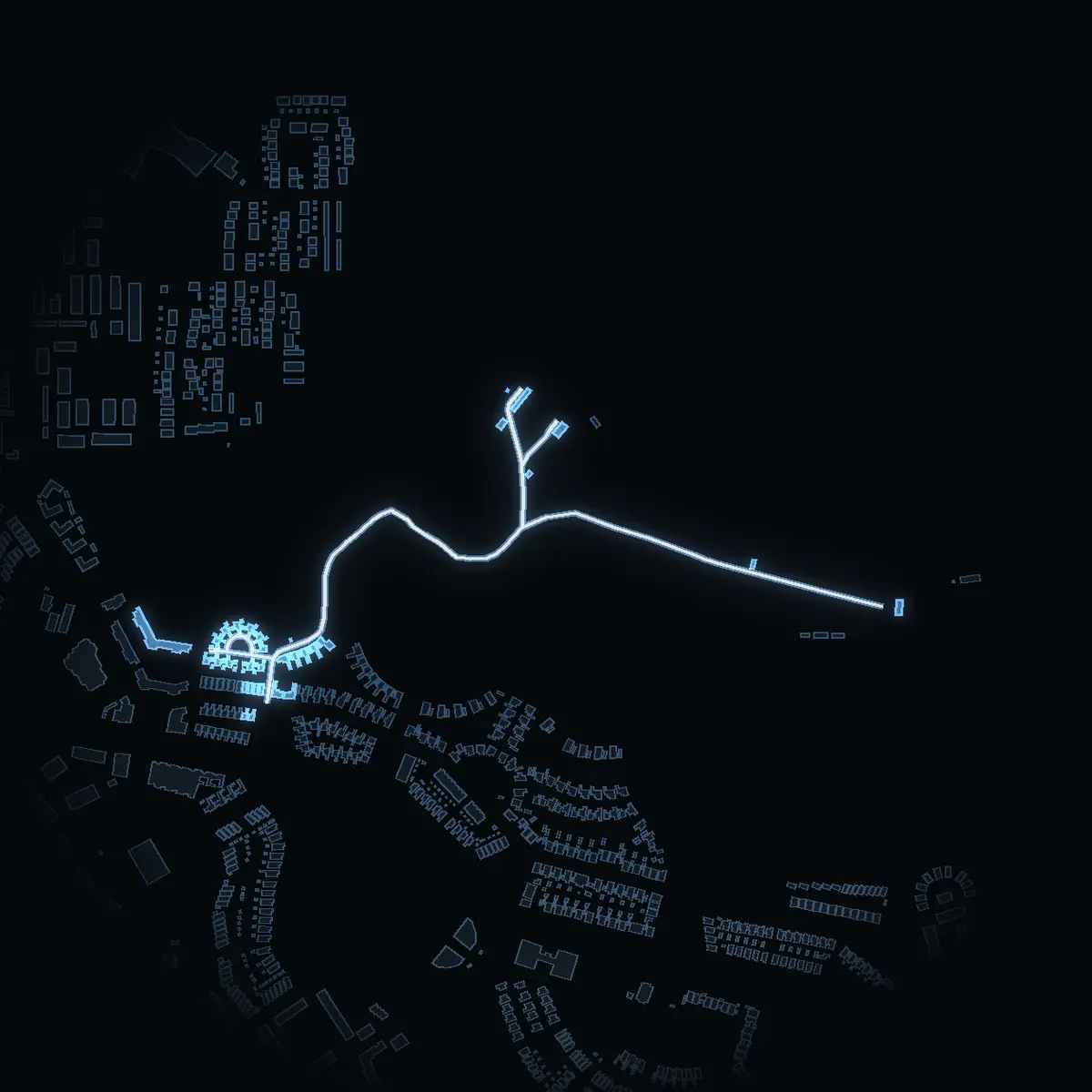 The street at night: Kasbyvägen drawn in white, its buildings lit in the colour of their area’s income