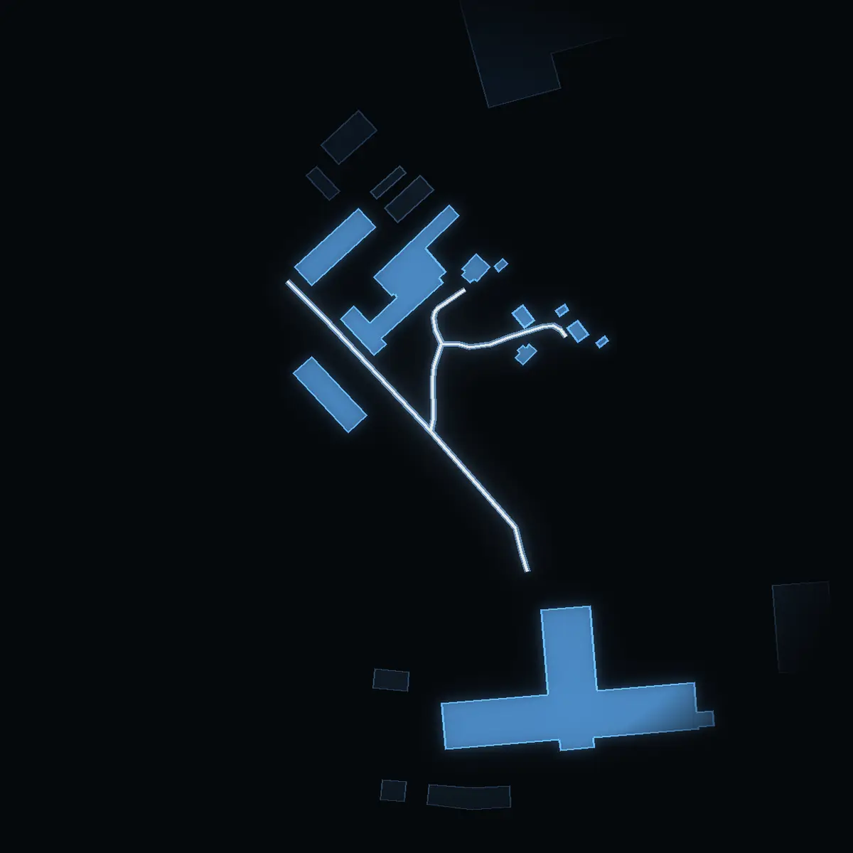 The street at night: Knista Gårds väg drawn in white, its buildings lit in the colour of their area’s income