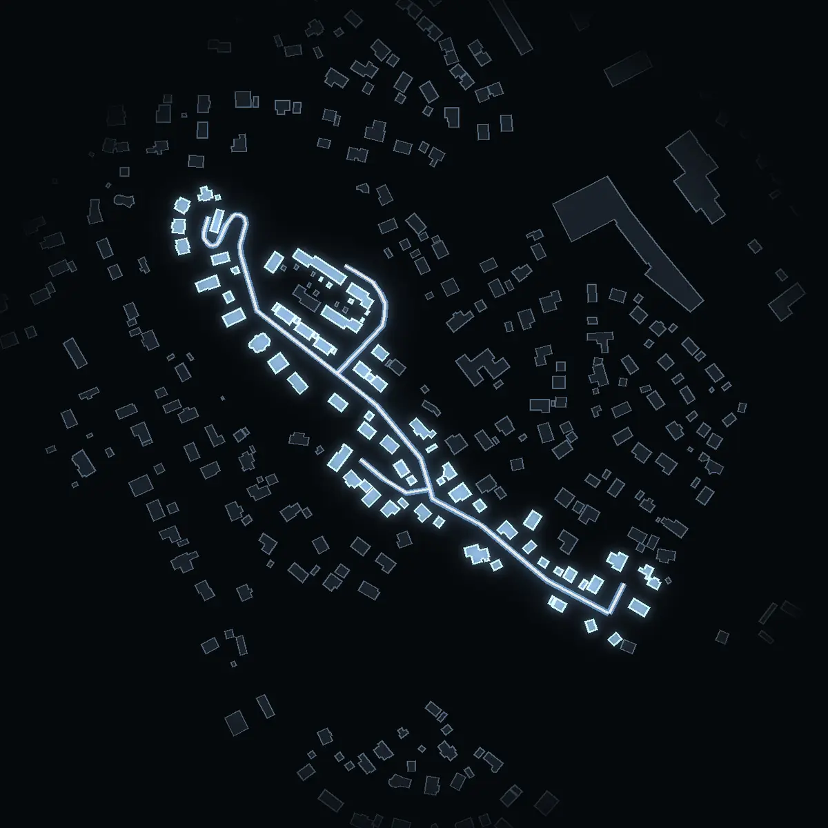 The street at night: Koltrastvägen drawn in white, its buildings lit in the colour of their area’s income