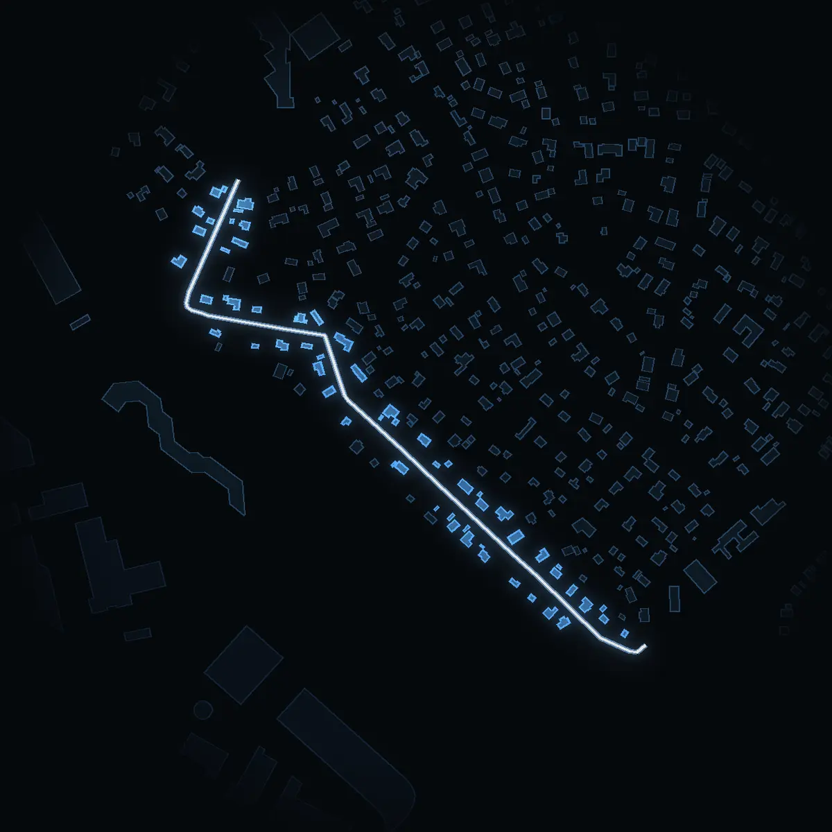 The street at night: Kronovägen drawn in white, its buildings lit in the colour of their area’s income