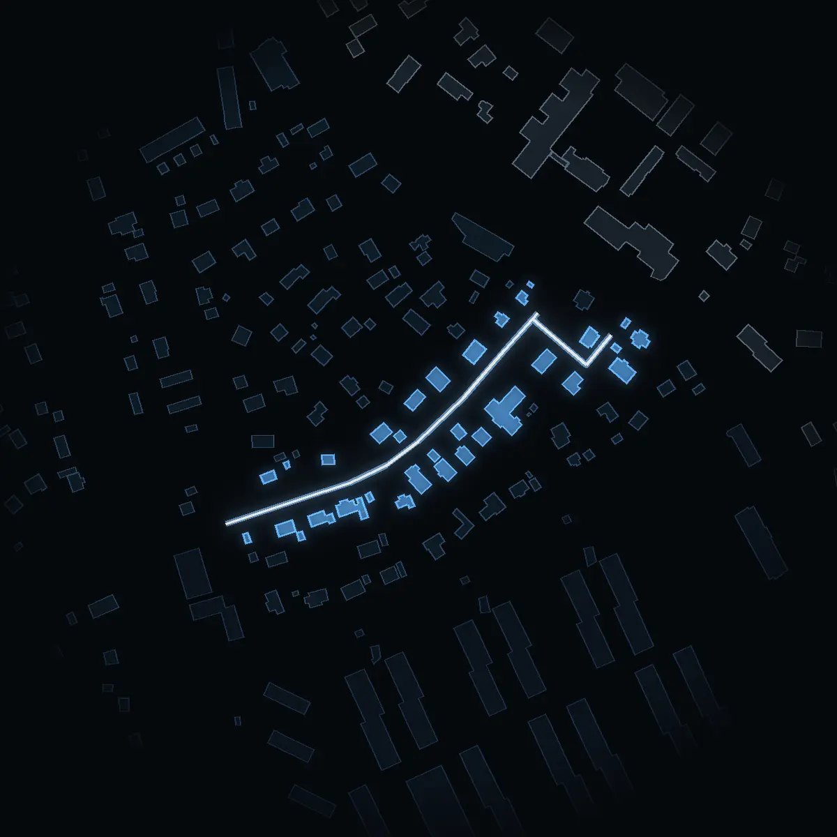 Gatan nattetid: Lenalundsvägen inritad i vitt, husen tända i färgen för områdets inkomst
