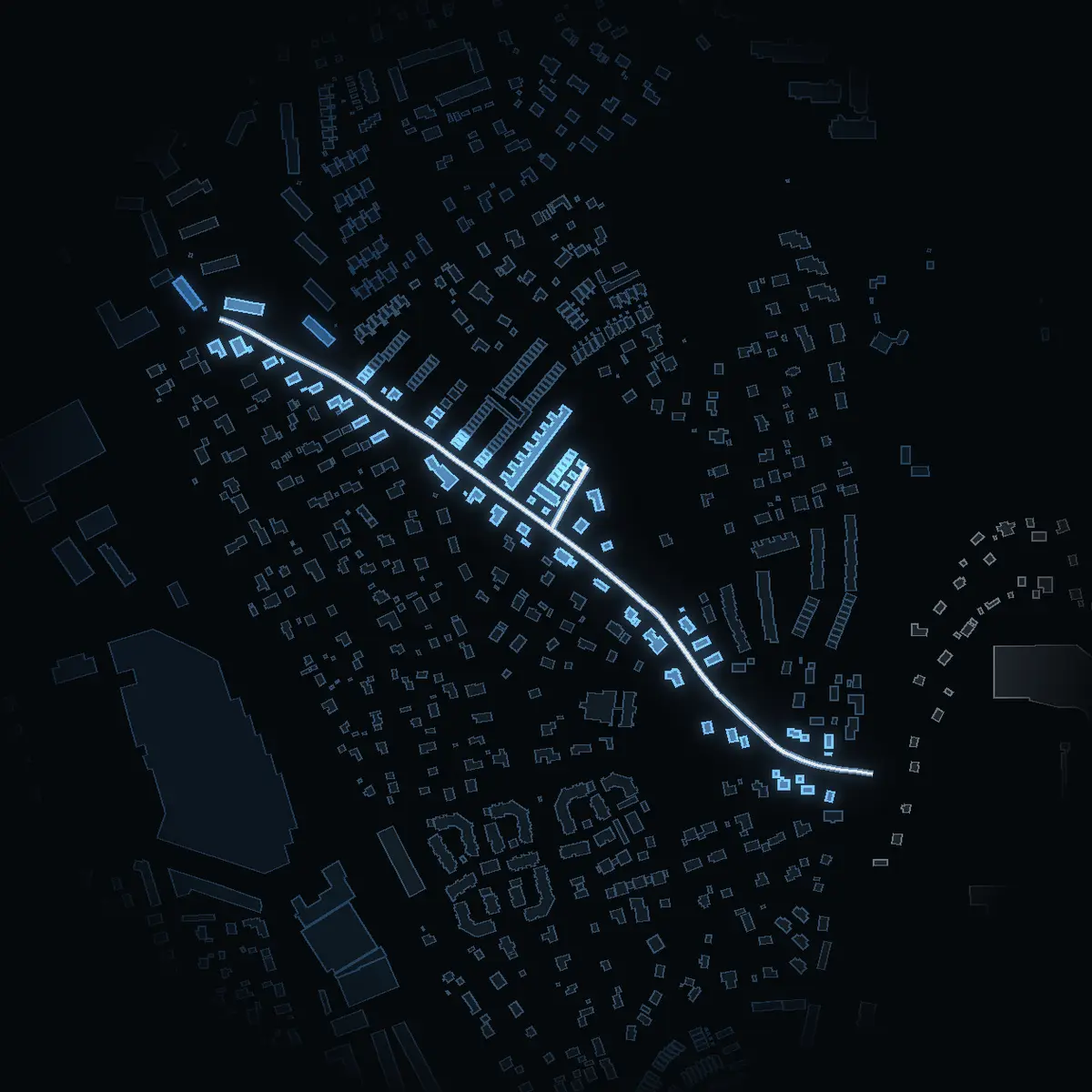 The street at night: Linnés väg drawn in white, its buildings lit in the colour of their area’s income