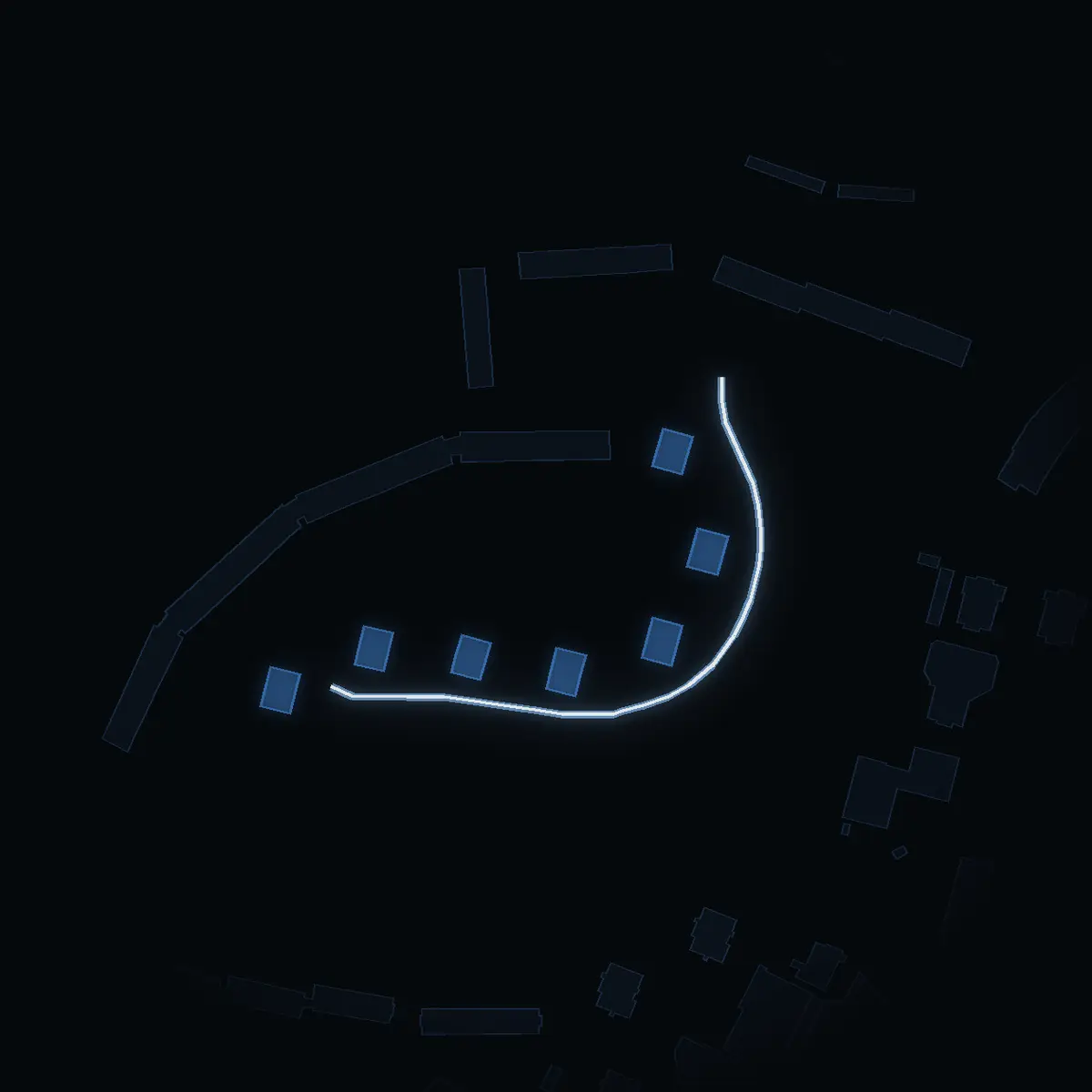 The street at night: Lodvägen drawn in white, its buildings lit in the colour of their area’s income
