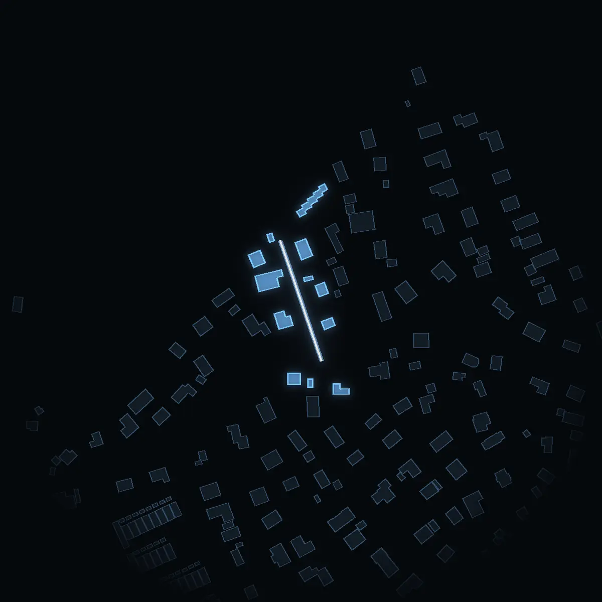 The street at night: Löftesvägen drawn in white, its buildings lit in the colour of their area’s income