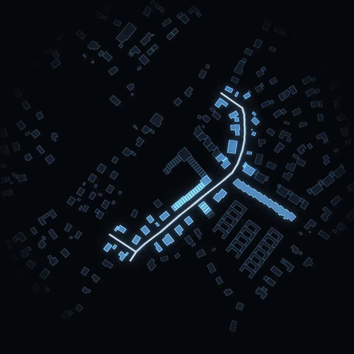 The street at night: Malvastigen drawn in white, its buildings lit in the colour of their area’s income