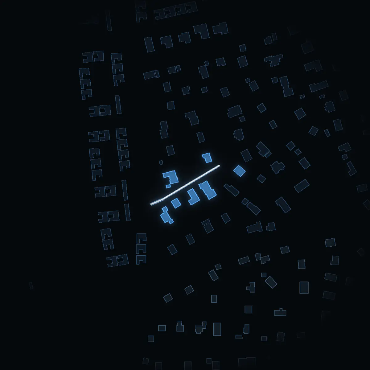 The street at night: Moravägen drawn in white, its buildings lit in the colour of their area’s income