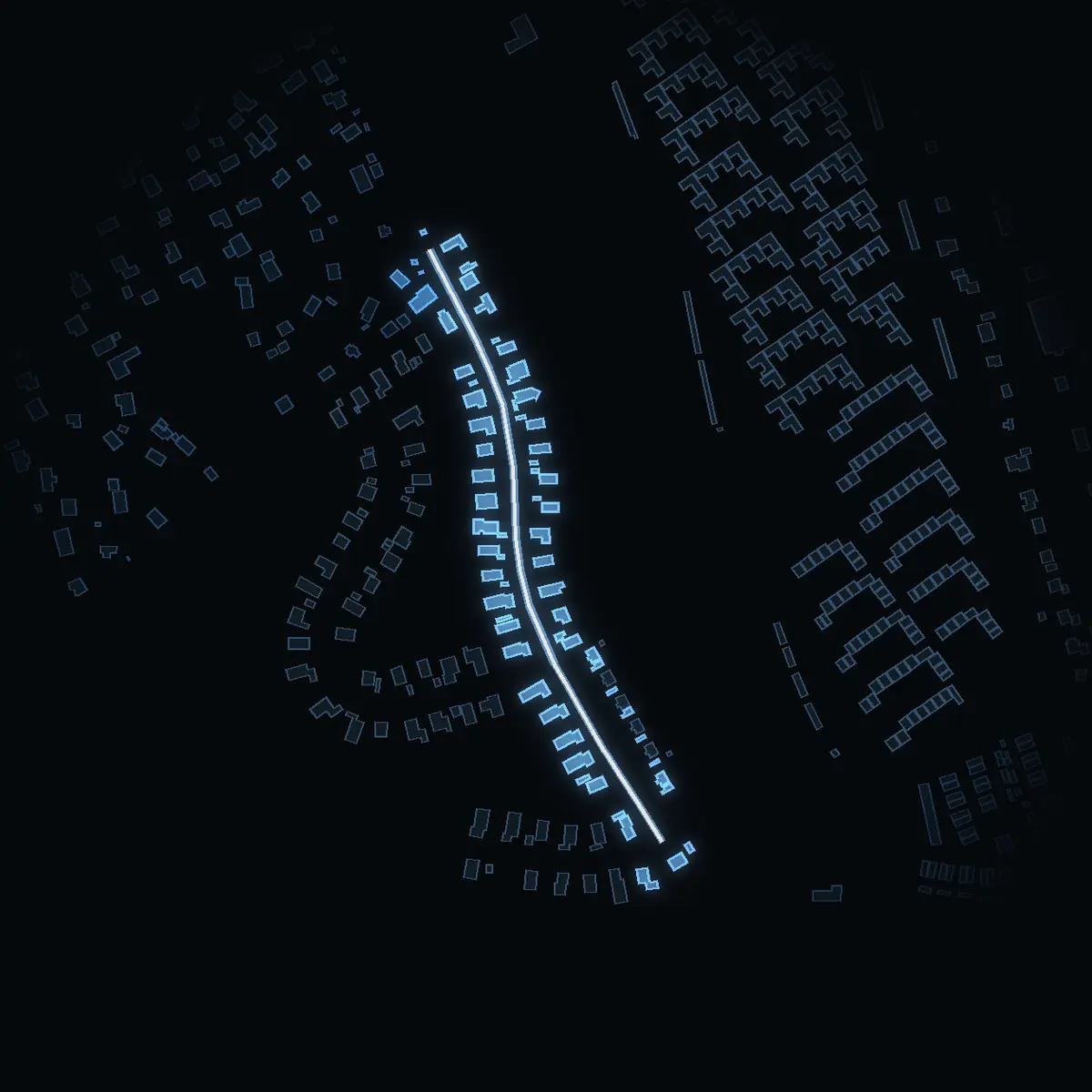 The street at night: Nämndemansvägen drawn in white, its buildings lit in the colour of their area’s income