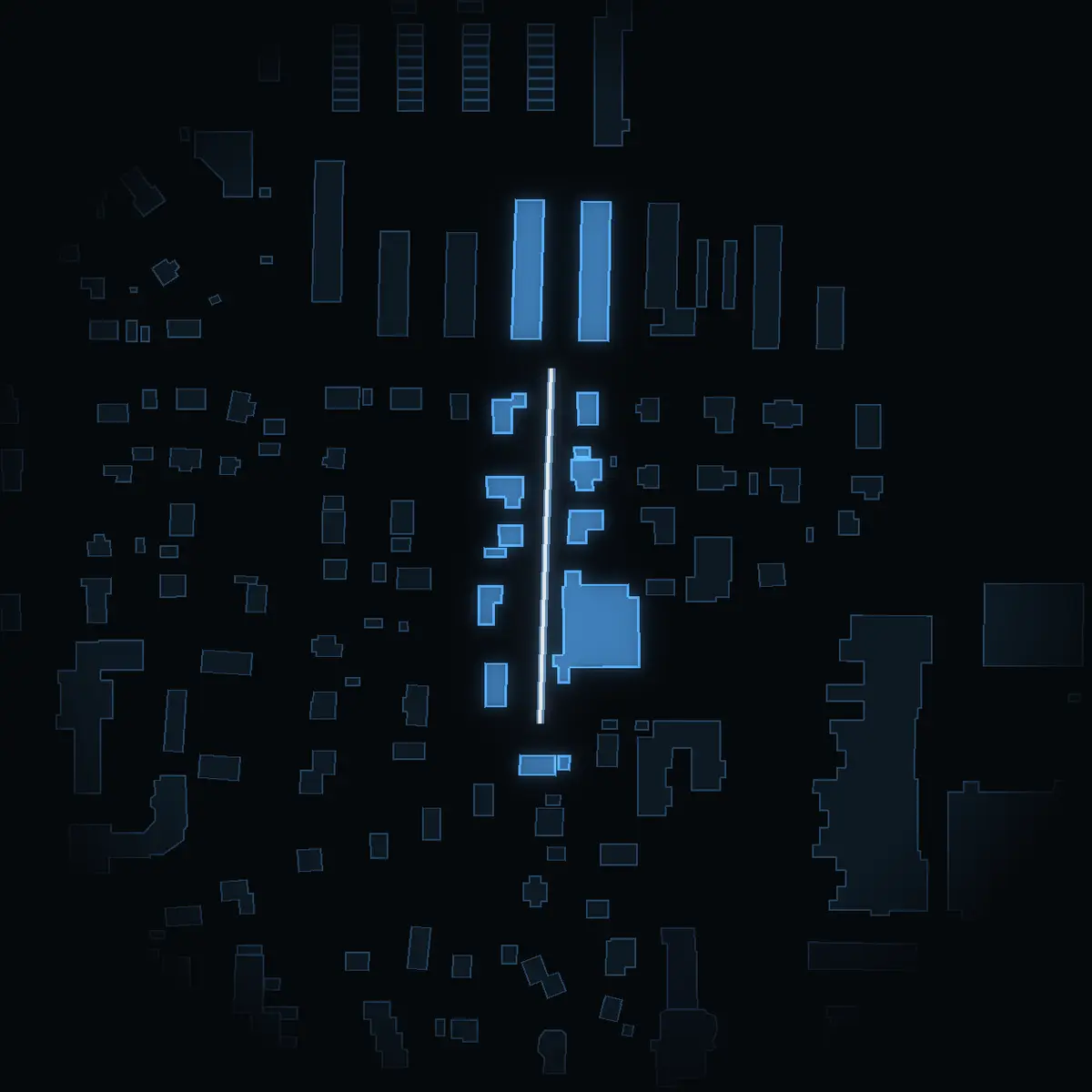 The street at night: Norrgårdsvägen drawn in white, its buildings lit in the colour of their area’s income