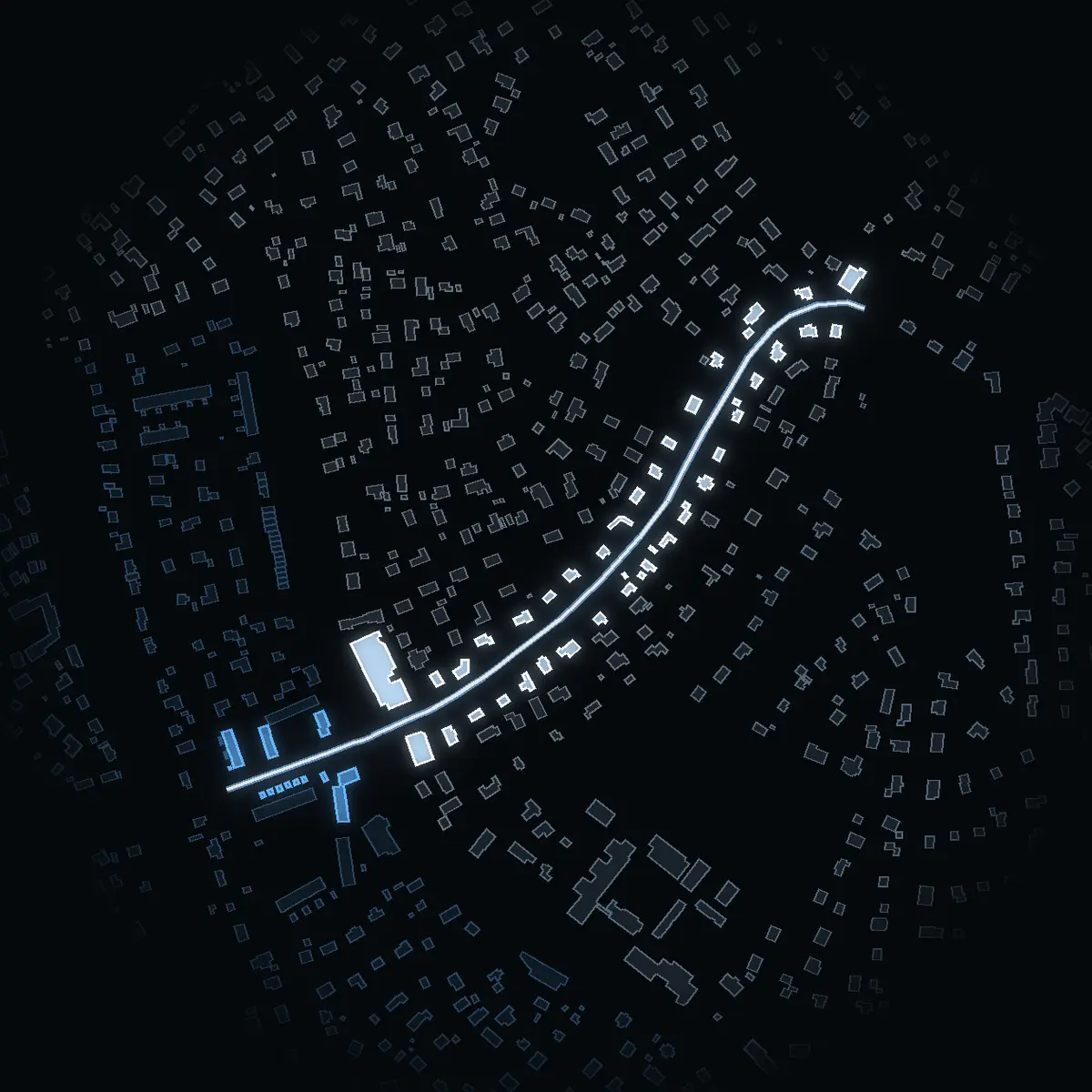 The street at night: Nyodlingsvägen drawn in white, its buildings lit in the colour of their area’s income