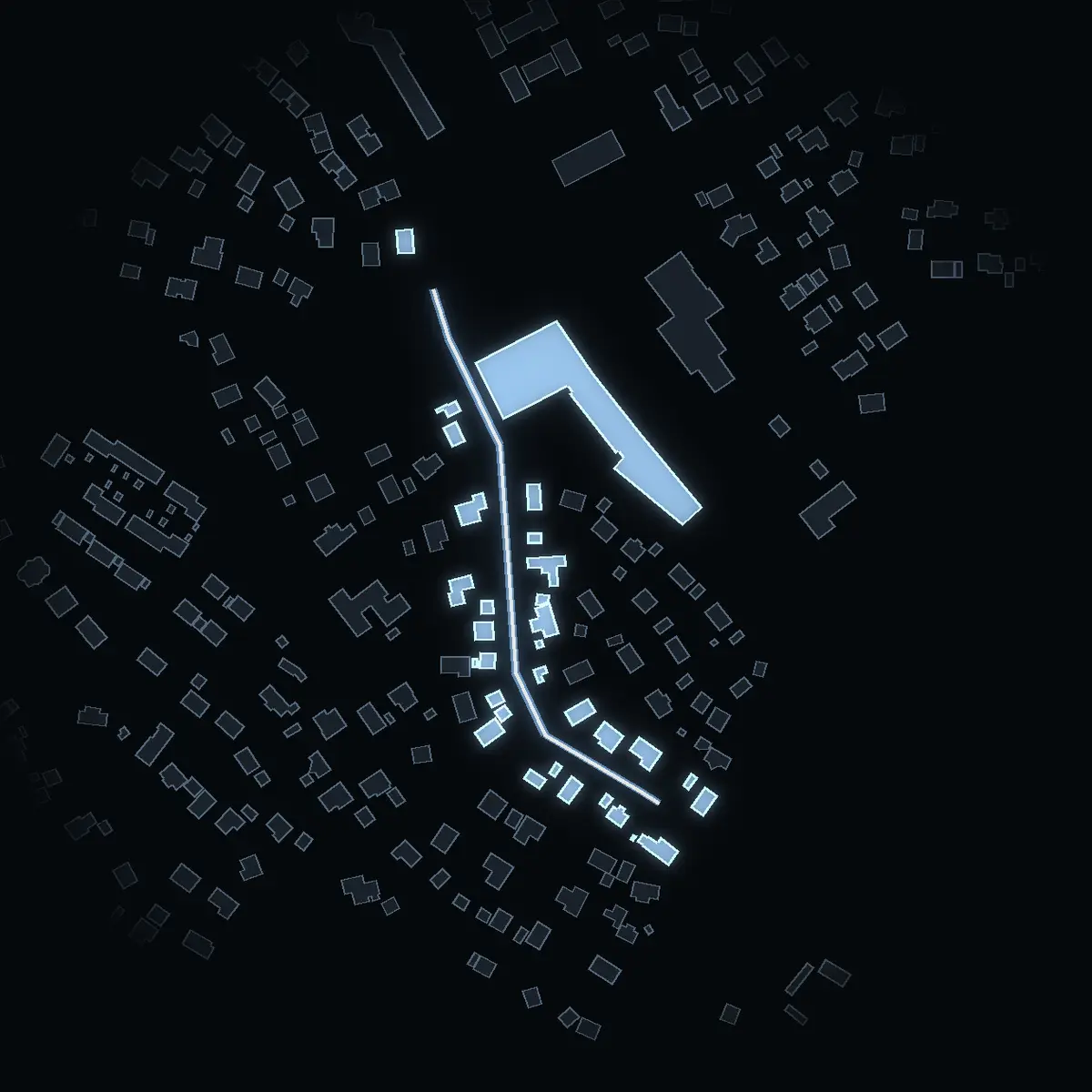 The street at night: Orrvägen drawn in white, its buildings lit in the colour of their area’s income