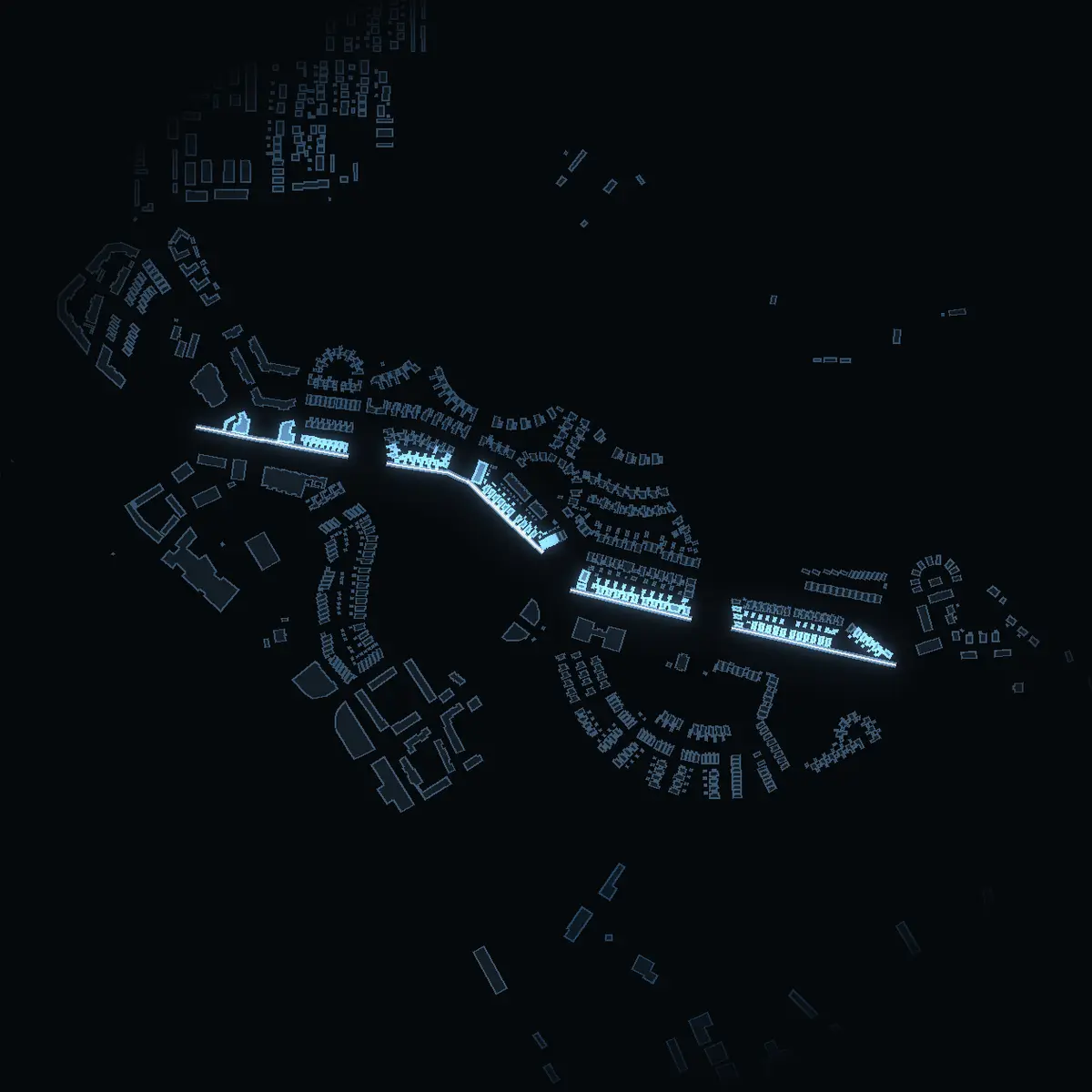 The street at night: Parkpromenaden drawn in white, its buildings lit in the colour of their area’s income