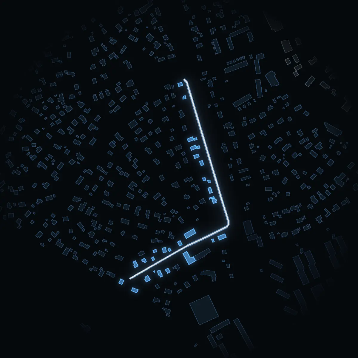 The street at night: Parkvägen drawn in white, its buildings lit in the colour of their area’s income