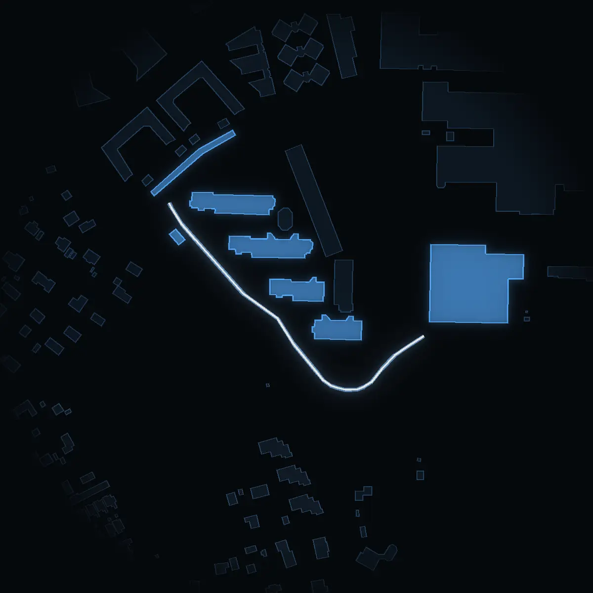 The street at night: Platåvägen drawn in white, its buildings lit in the colour of their area’s income