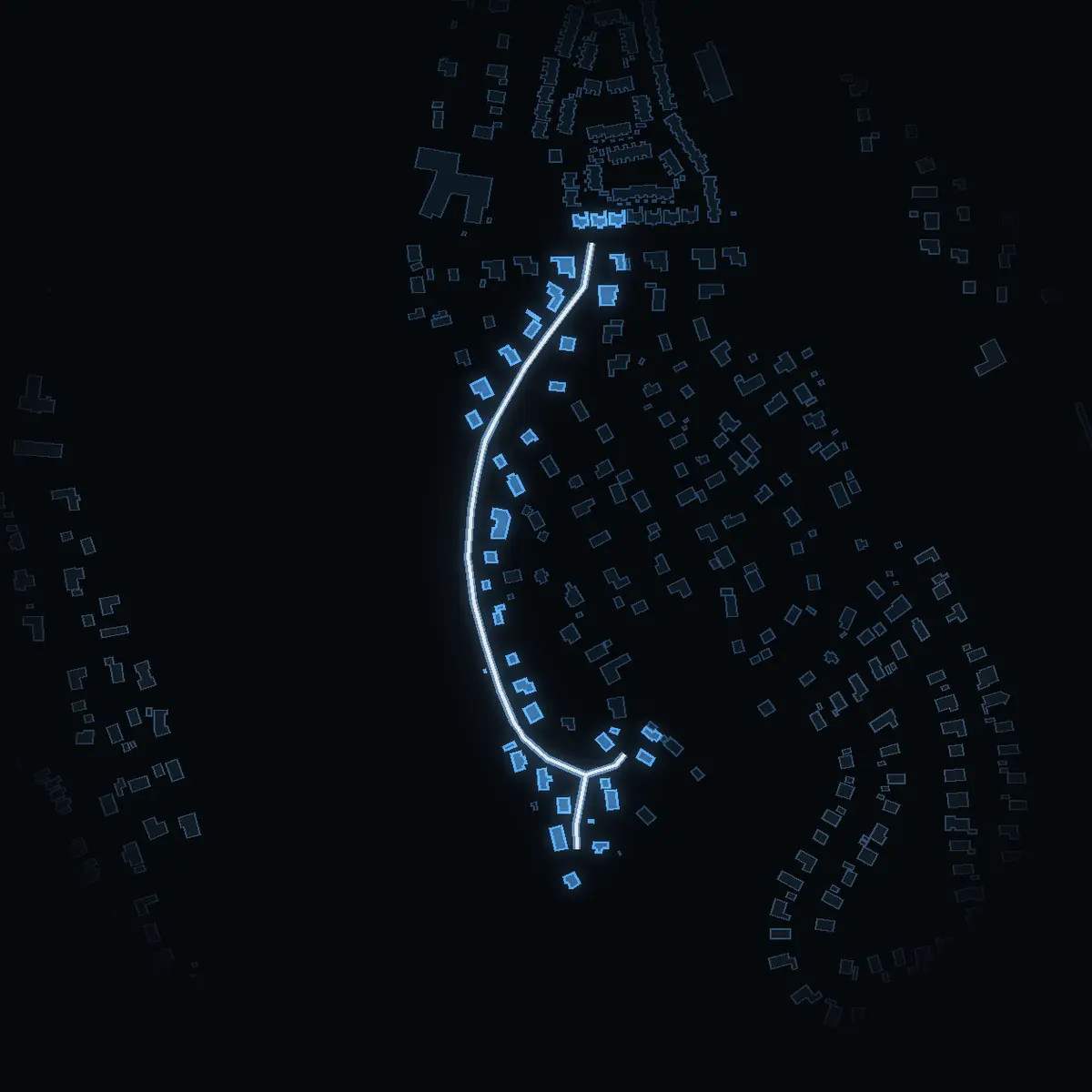 The street at night: Ravalsvägen drawn in white, its buildings lit in the colour of their area’s income