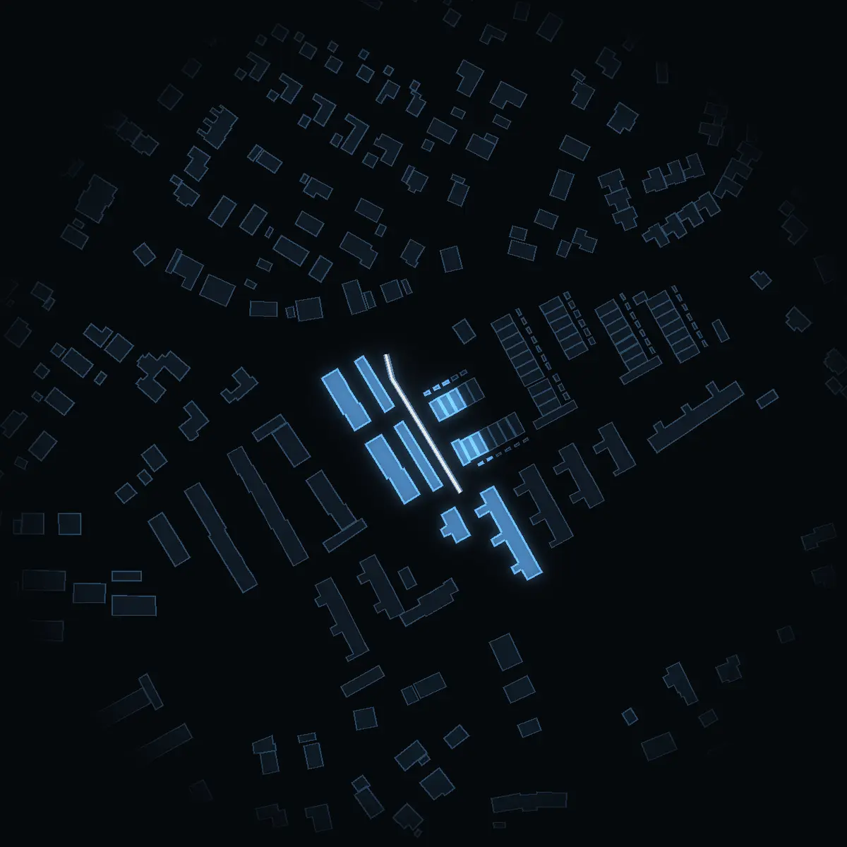 The street at night: Rekylvägen drawn in white, its buildings lit in the colour of their area’s income