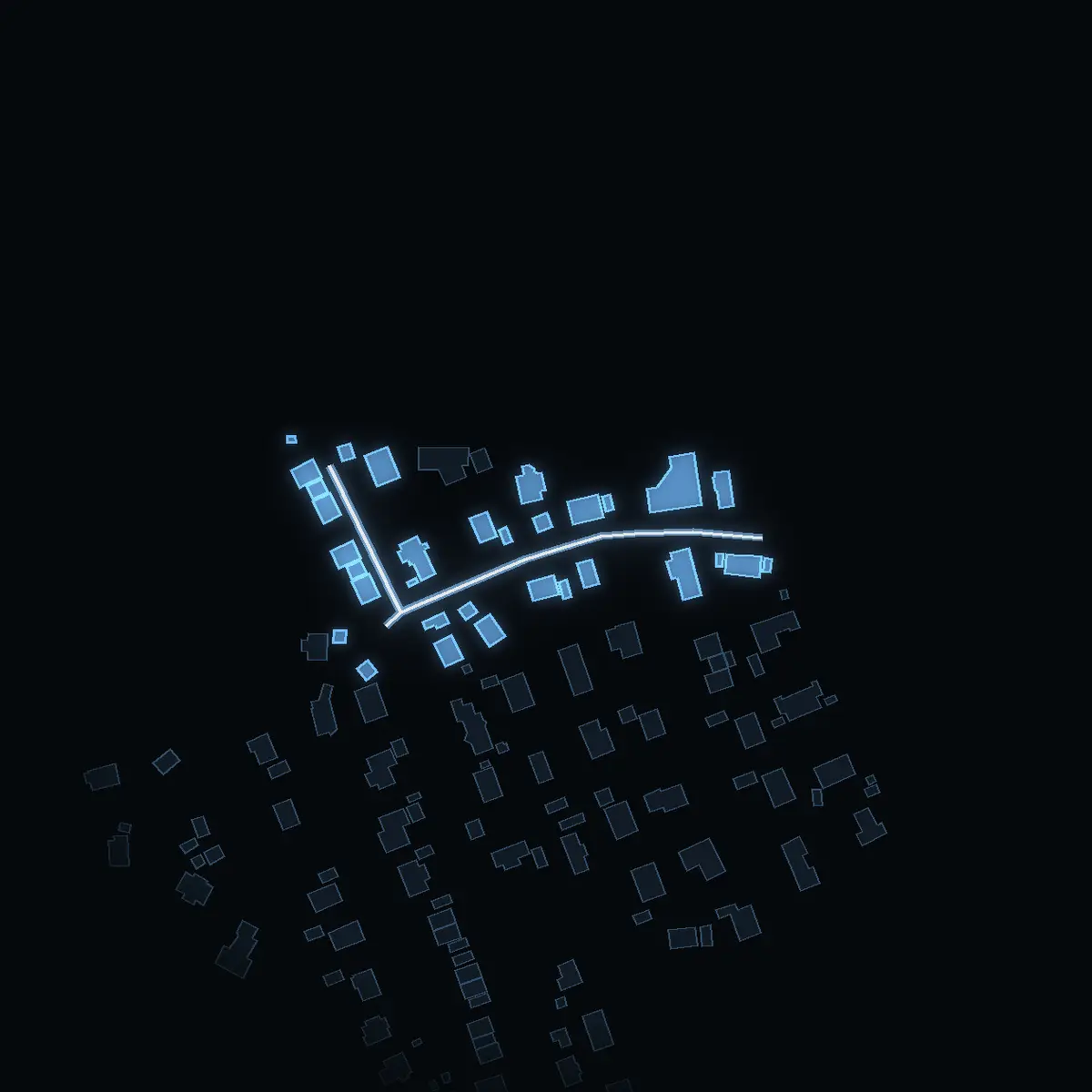 The street at night: Risvägen drawn in white, its buildings lit in the colour of their area’s income
