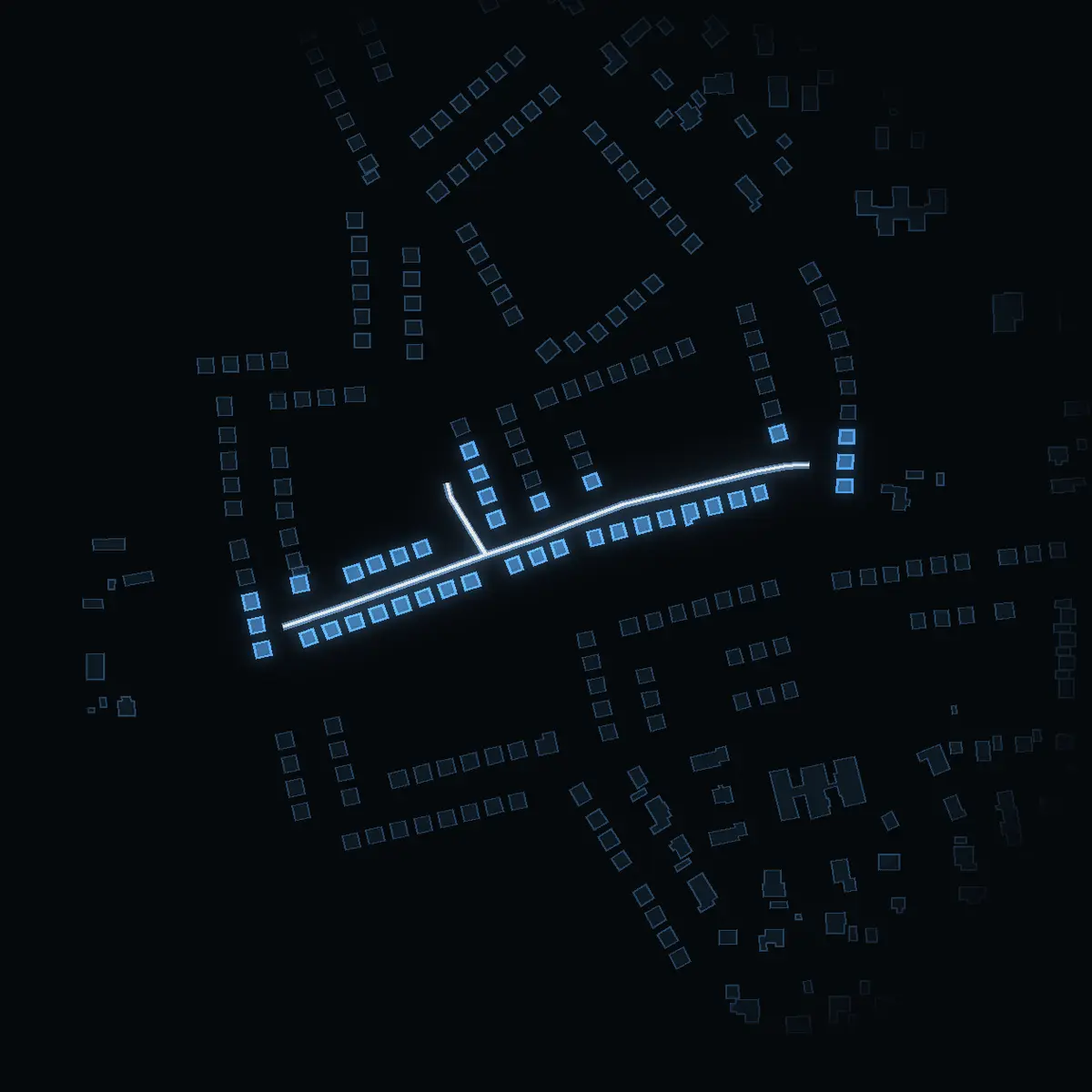 The street at night: Rosenbjelkes väg drawn in white, its buildings lit in the colour of their area’s income