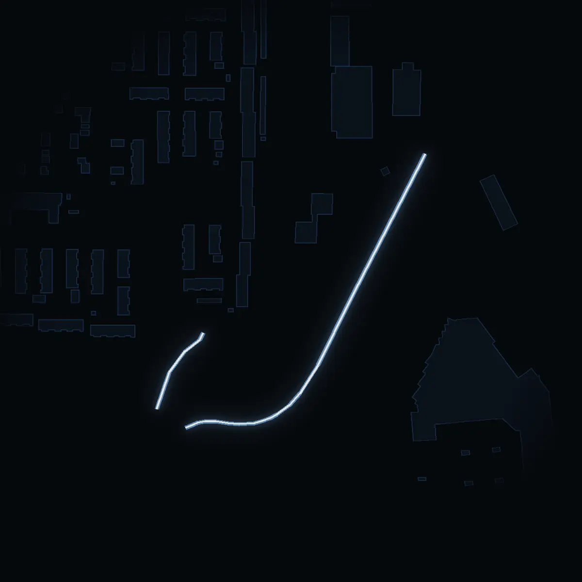 The street at night: Rotebrovägen drawn in white, its buildings lit in the colour of their area’s income