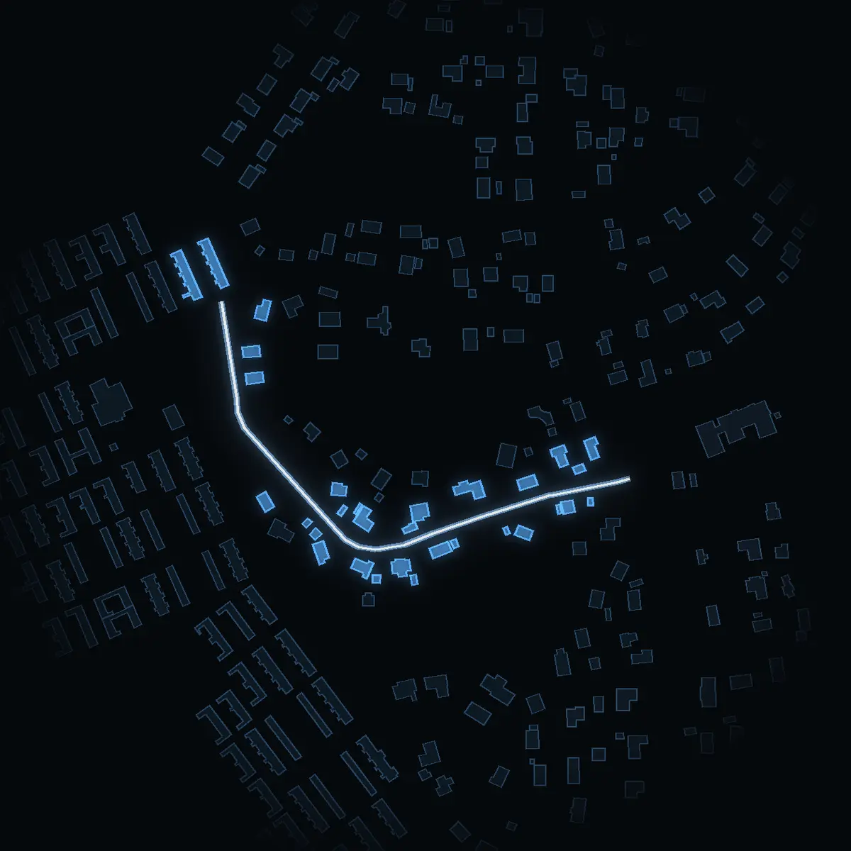 The street at night: Runbergsvägen drawn in white, its buildings lit in the colour of their area’s income