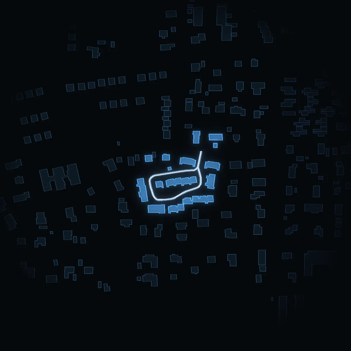 The street at night: Rundelgränd drawn in white, its buildings lit in the colour of their area’s income