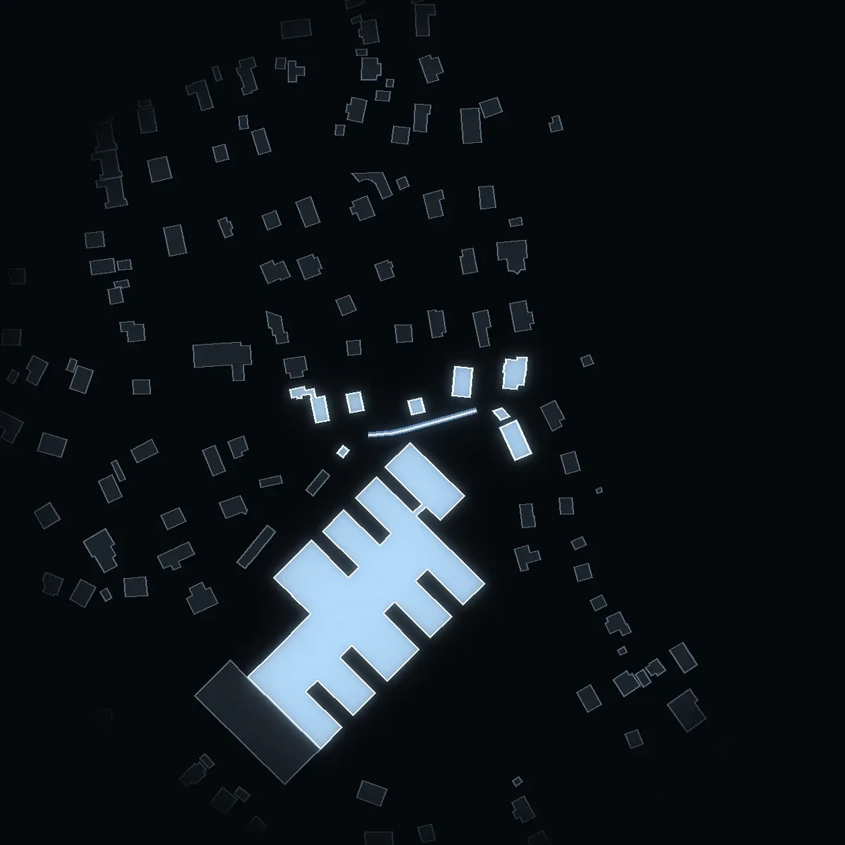 The street at night: Sjövägen drawn in white, its buildings lit in the colour of their area’s income