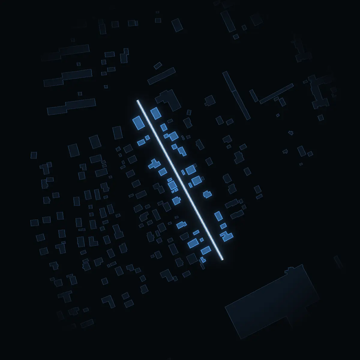 The street at night: Solbackavägen drawn in white, its buildings lit in the colour of their area’s income
