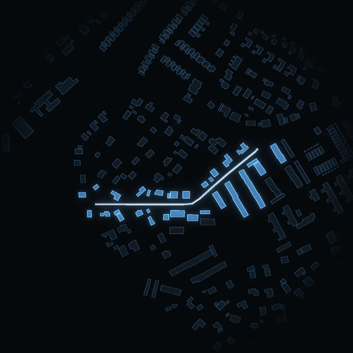 The street at night: Sörgårdsvägen drawn in white, its buildings lit in the colour of their area’s income