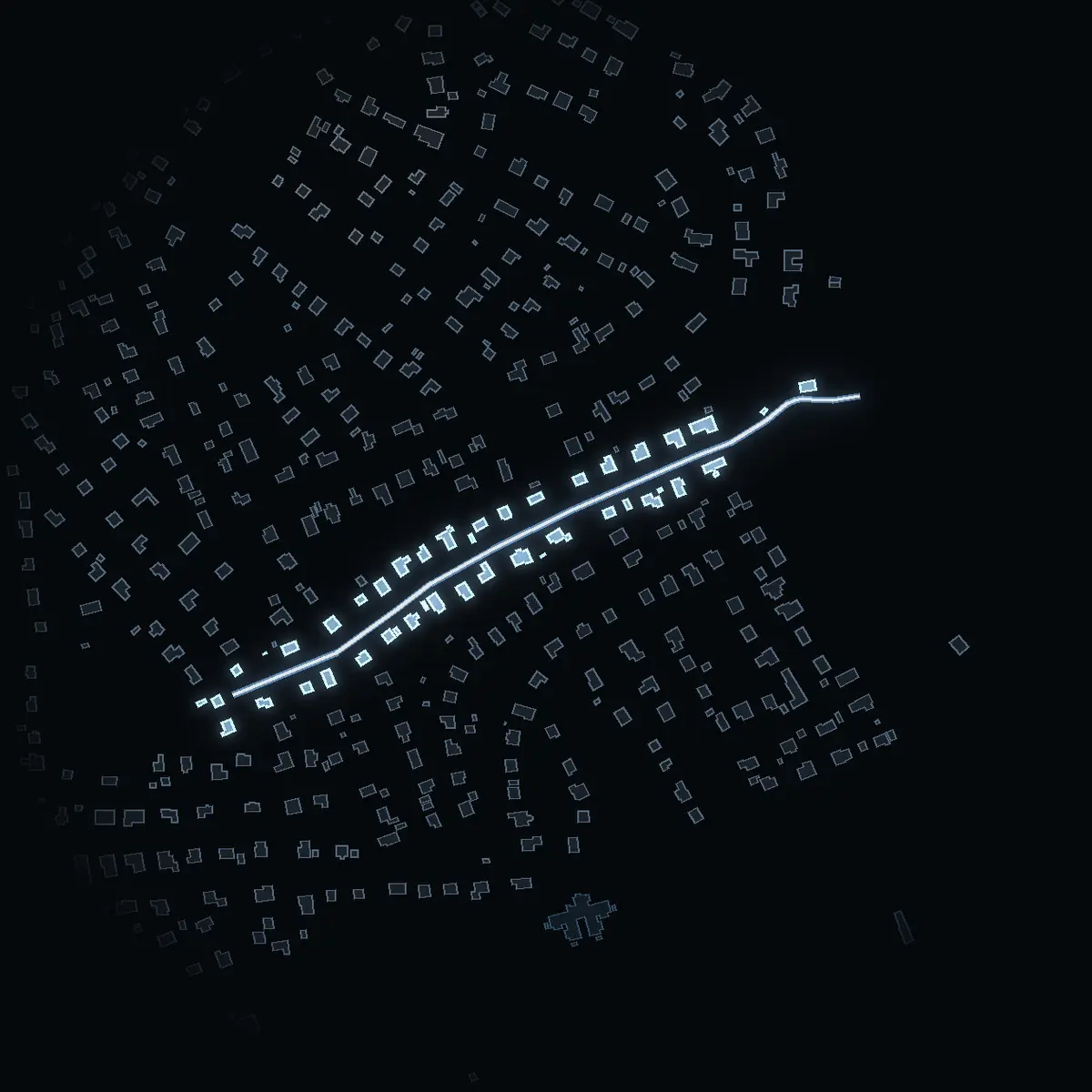 The street at night: Sportvägen drawn in white, its buildings lit in the colour of their area’s income