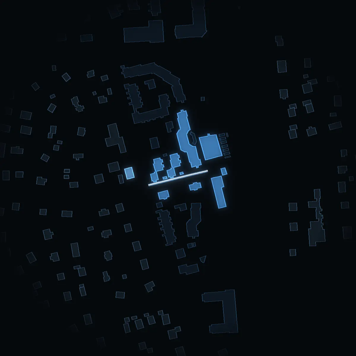 The street at night: Stationsallén drawn in white, its buildings lit in the colour of their area’s income