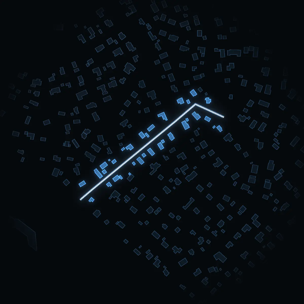 The street at night: Sunnebovägen drawn in white, its buildings lit in the colour of their area’s income