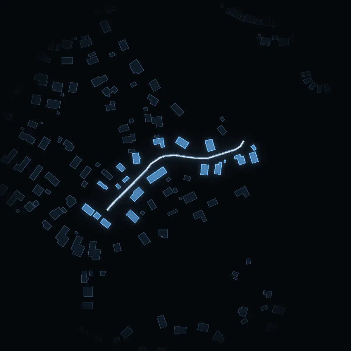 The street at night: Svampvägen drawn in white, its buildings lit in the colour of their area’s income
