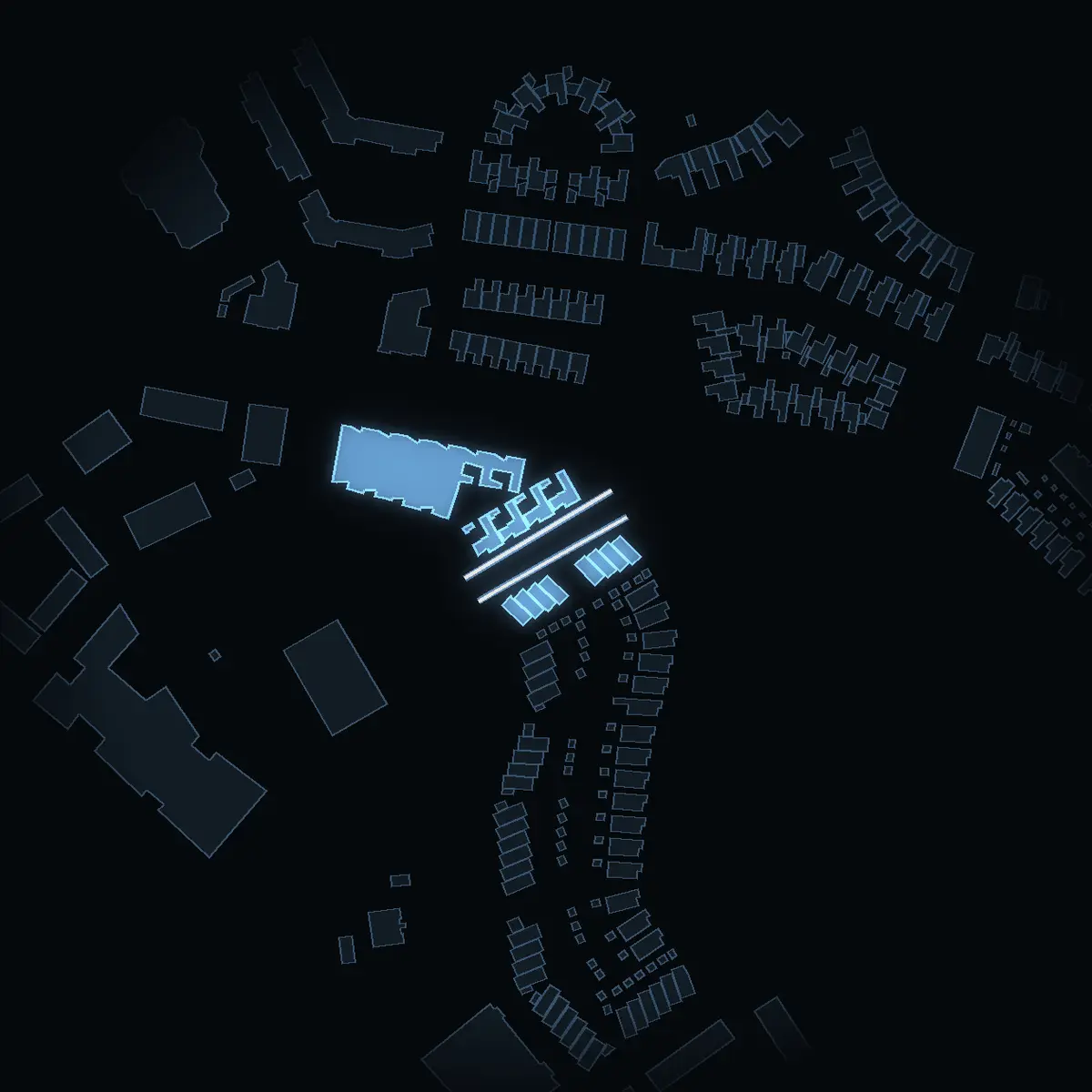 The street at night: Tallallén drawn in white, its buildings lit in the colour of their area’s income
