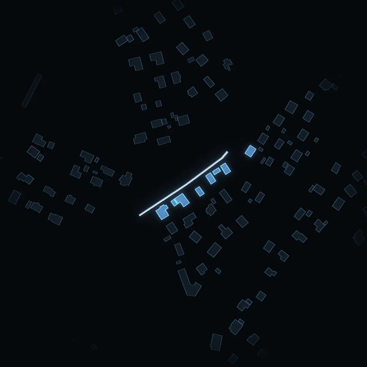 The street at night: Terrängvägen drawn in white, its buildings lit in the colour of their area’s income