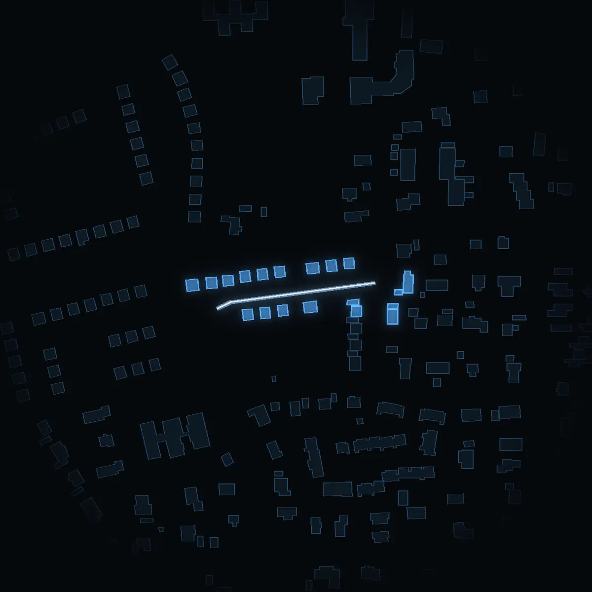 The street at night: Tidkumes väg drawn in white, its buildings lit in the colour of their area’s income
