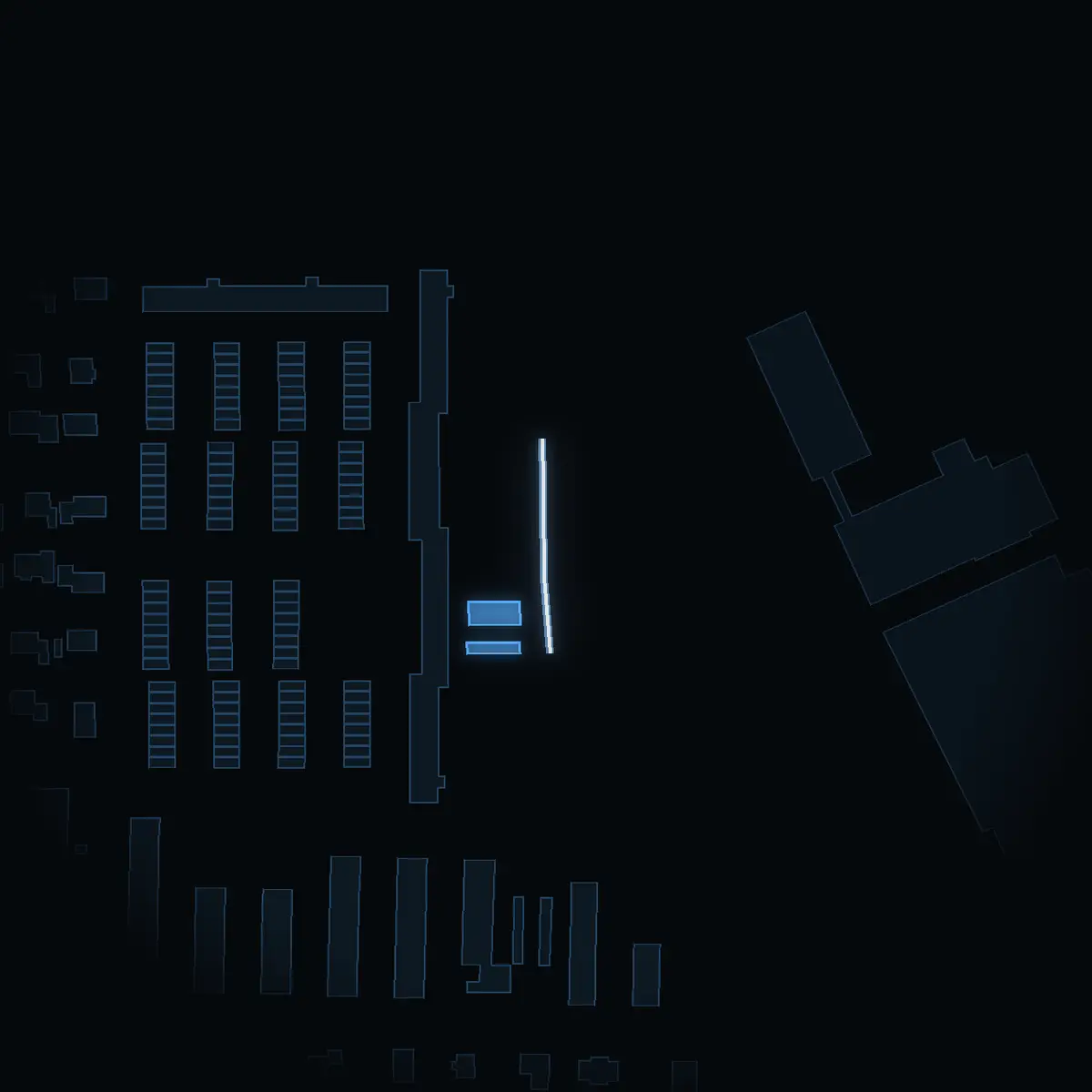 The street at night: Timotejvägen drawn in white, its buildings lit in the colour of their area’s income