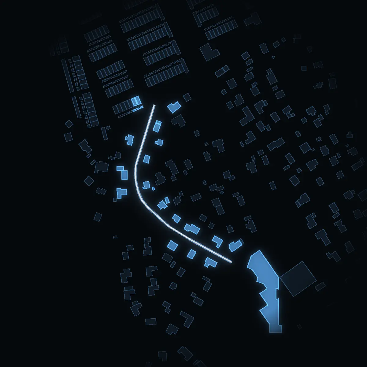 The street at night: Torgvägen drawn in white, its buildings lit in the colour of their area’s income