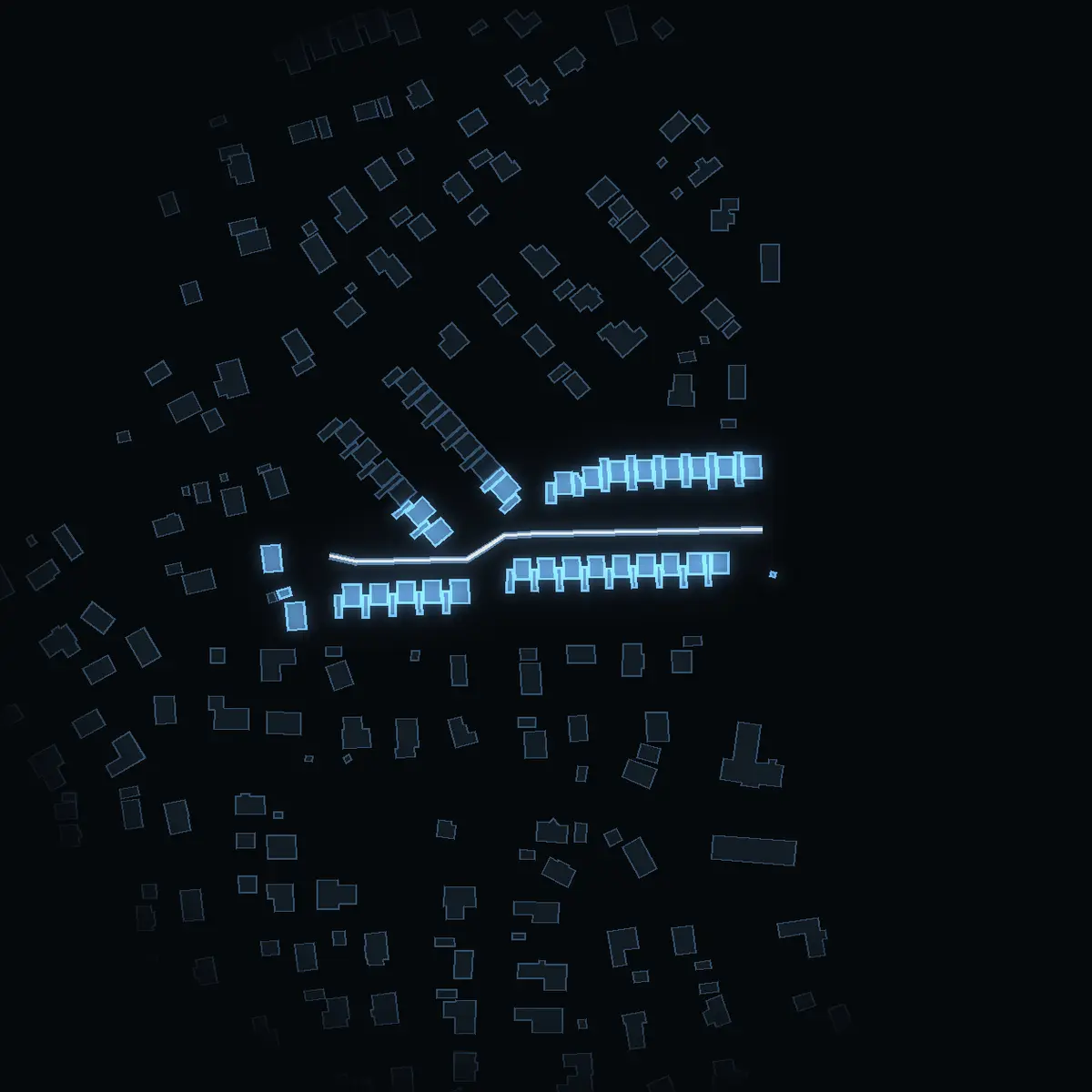 The street at night: Torkils väg drawn in white, its buildings lit in the colour of their area’s income