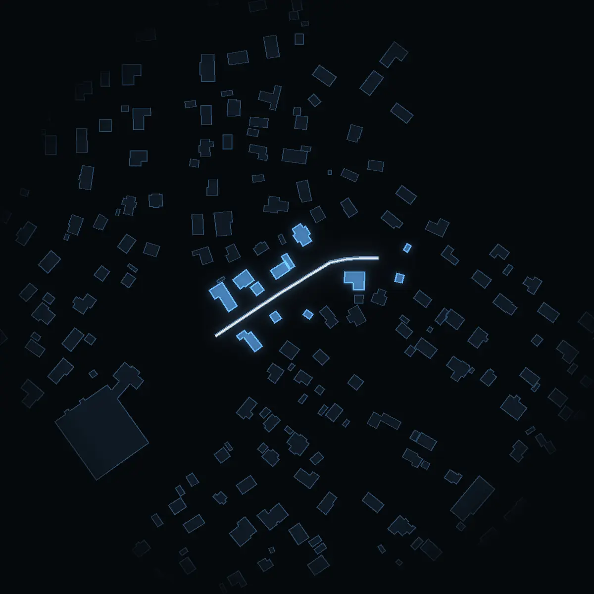 The street at night: Törnbergsvägen drawn in white, its buildings lit in the colour of their area’s income