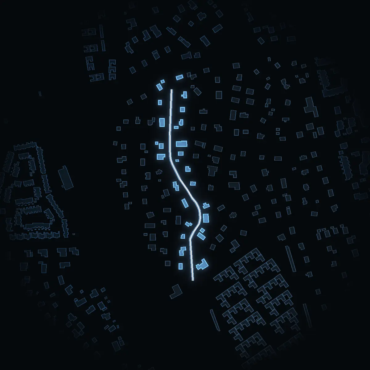 The street at night: Torsvägen drawn in white, its buildings lit in the colour of their area’s income